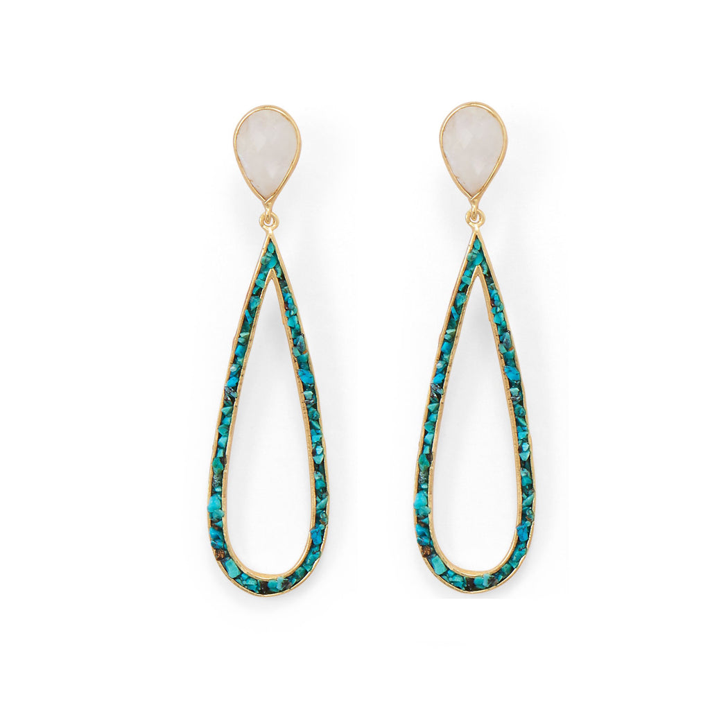 18k Gold Rainbow Moonstone and Turquoise Drop Earrings