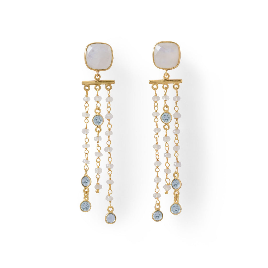 18K Rainbow Moonstone and Blue Topaz Chandelier Earrings