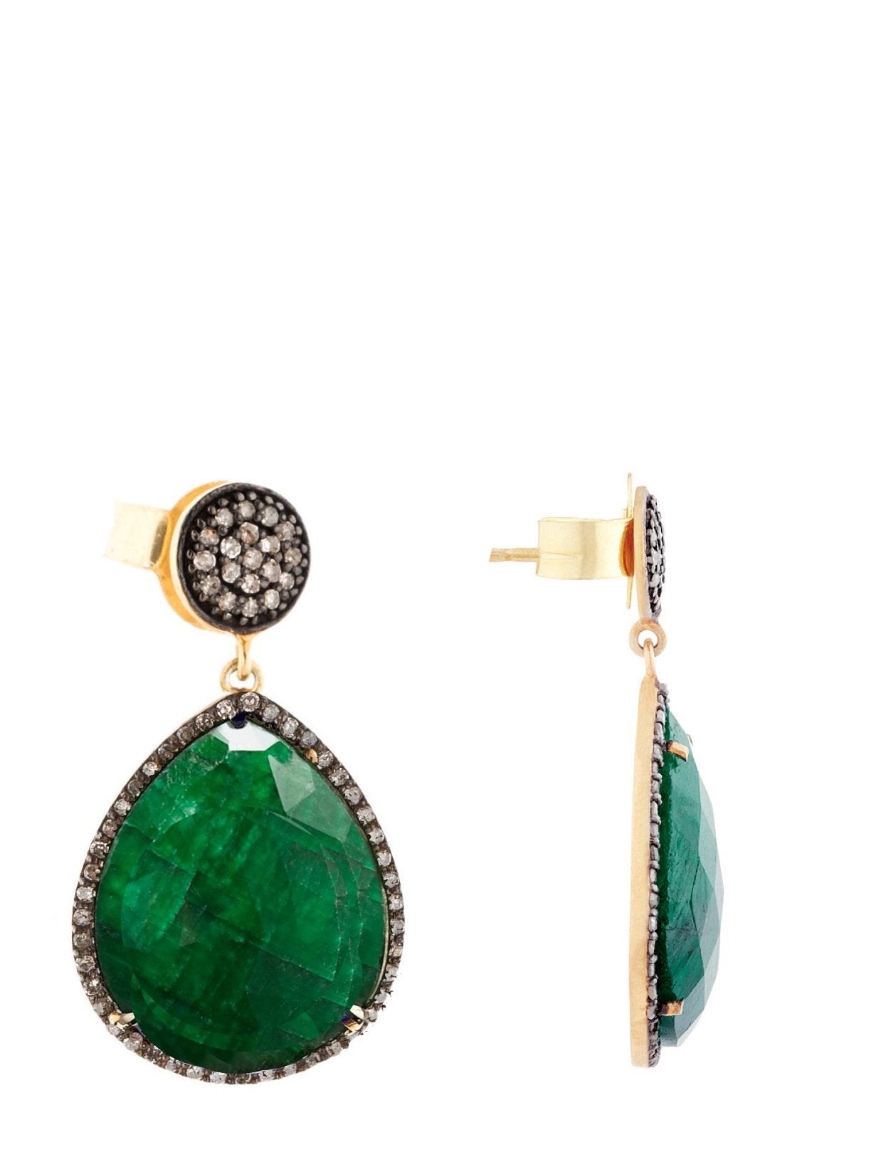 18K Emerald & Multi Diamond Pear Drop Earrings