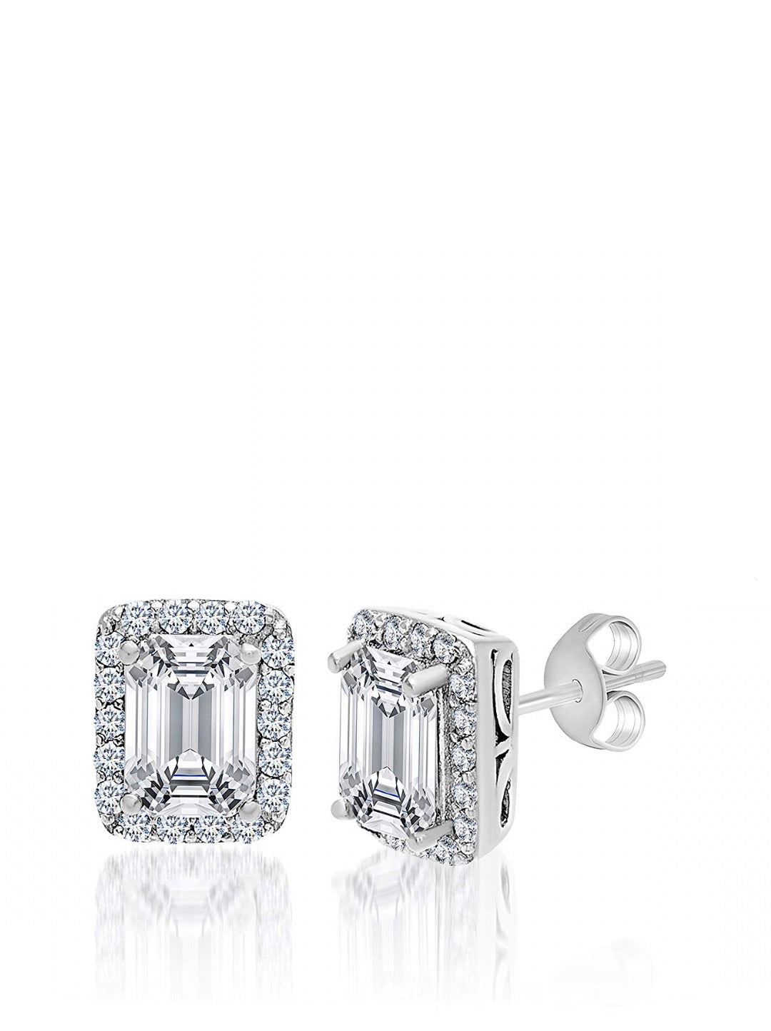 Silver 1 3/8 Carat Emerald Cut Embellished Stud Earrings
