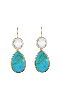 18K Gold Clear Quartz & Turquoise Pear Drop Earrings