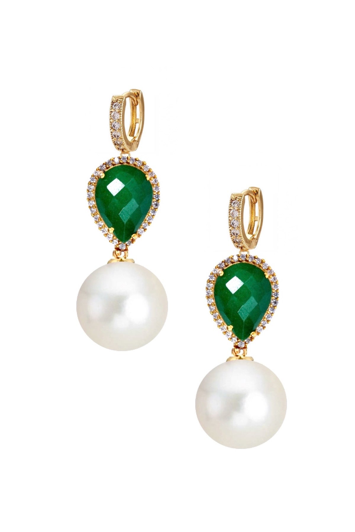 18K Gold Sapphire Embelished Pearl Drop Earrings