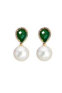 18K Gold Emerald Embelished Pearl Drop Earrings