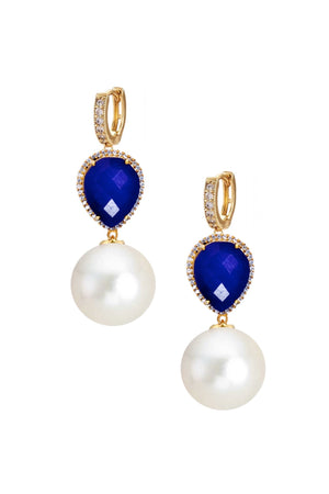 18K Gold Sapphire Embelished Pearl Drop Earrings