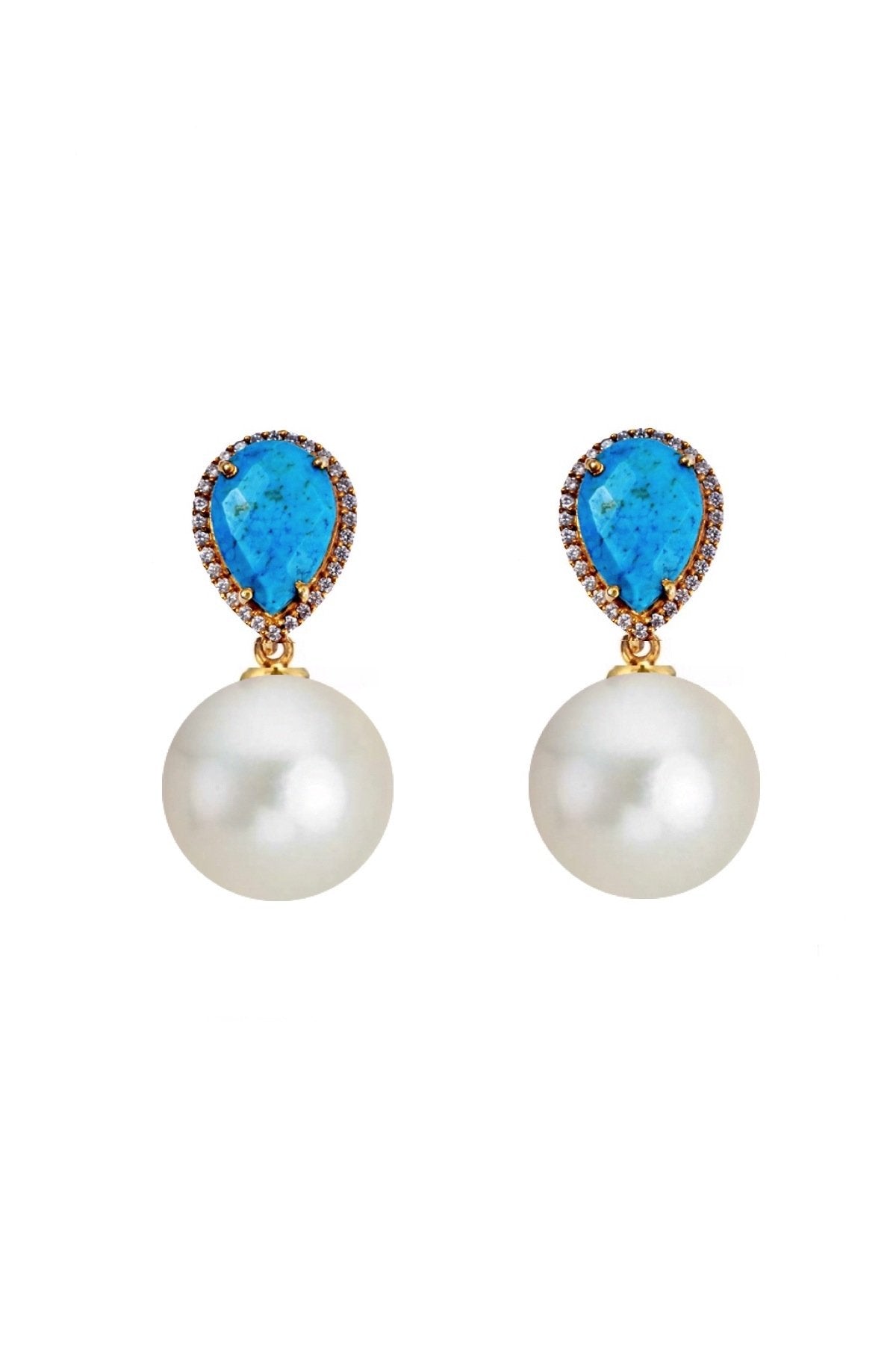 18K Gold Turquoise Embelished Pearl Drop Earrings