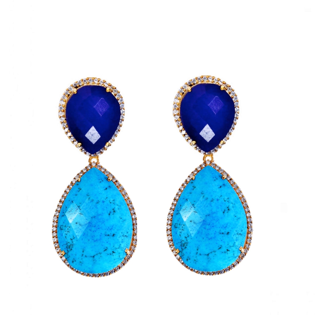 18k Gold Plated Turquoise & Sapphire Double Pear Drop Earrings