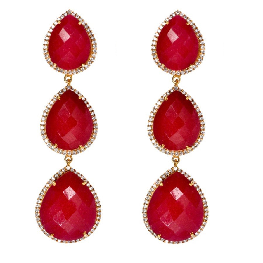 18k Gold Multi Ruby Pear Embellished Drop Earrings