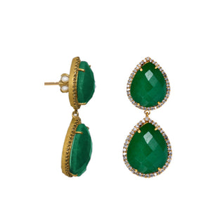 18k Gold Plated Emerald Double Pear Drop Earrings