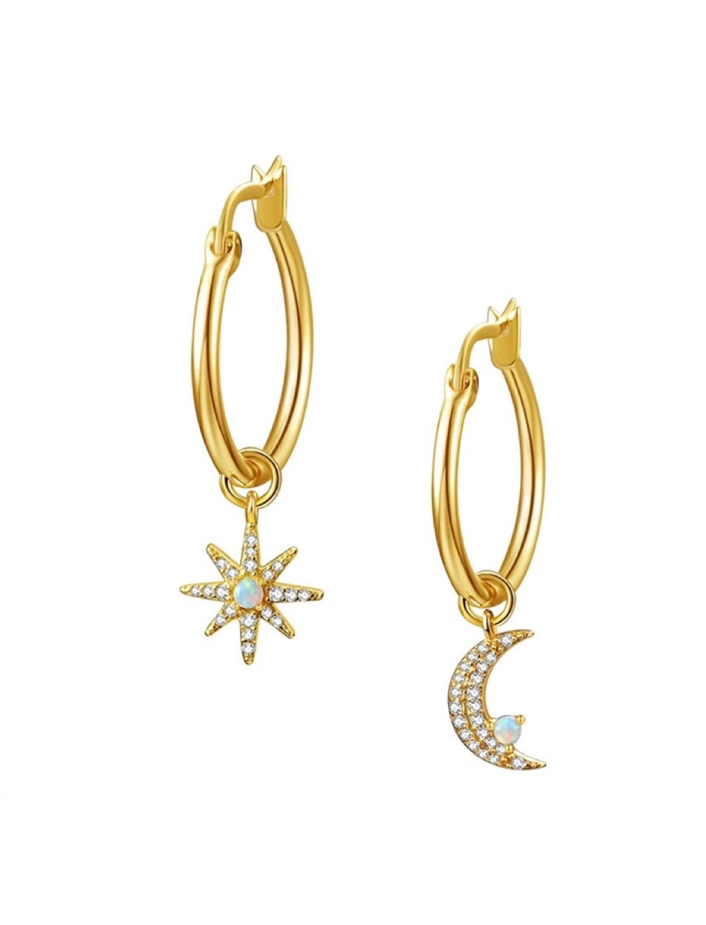 18K Gold Star And Moon Drop Hoop Earrings