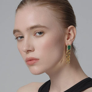 18K Gold Green Embellished Chain Drop Earrings