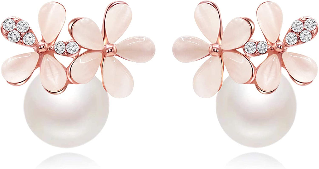 18K Rose Gold Daisy Pearl Drop Earrings