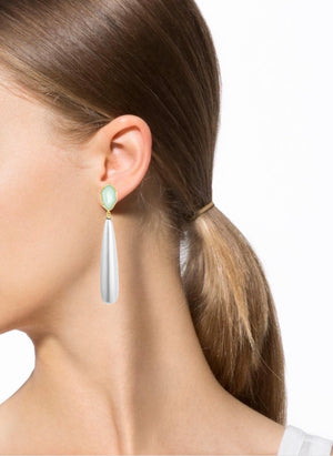18k Gold Sea Green & Pearl Tear Drop Earrings