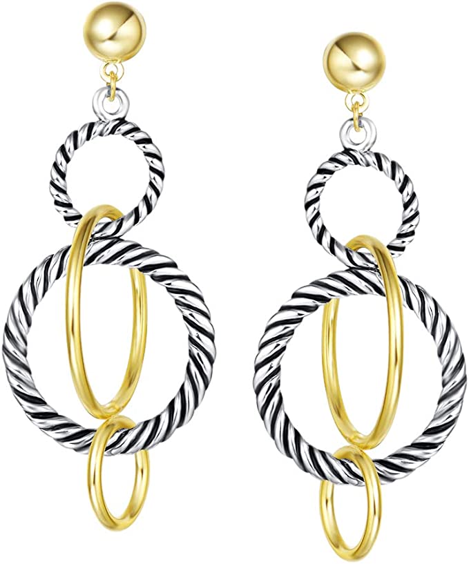 18k Gold Two Tone Textured Multi Ring Drop Earrings
