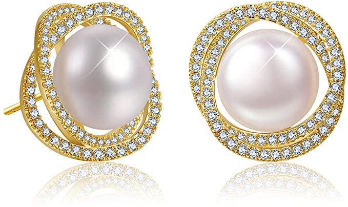 18K Gold Pearl & Cz Stud Earrings