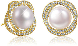 18K Gold Pearl & Cz Stud Earrings