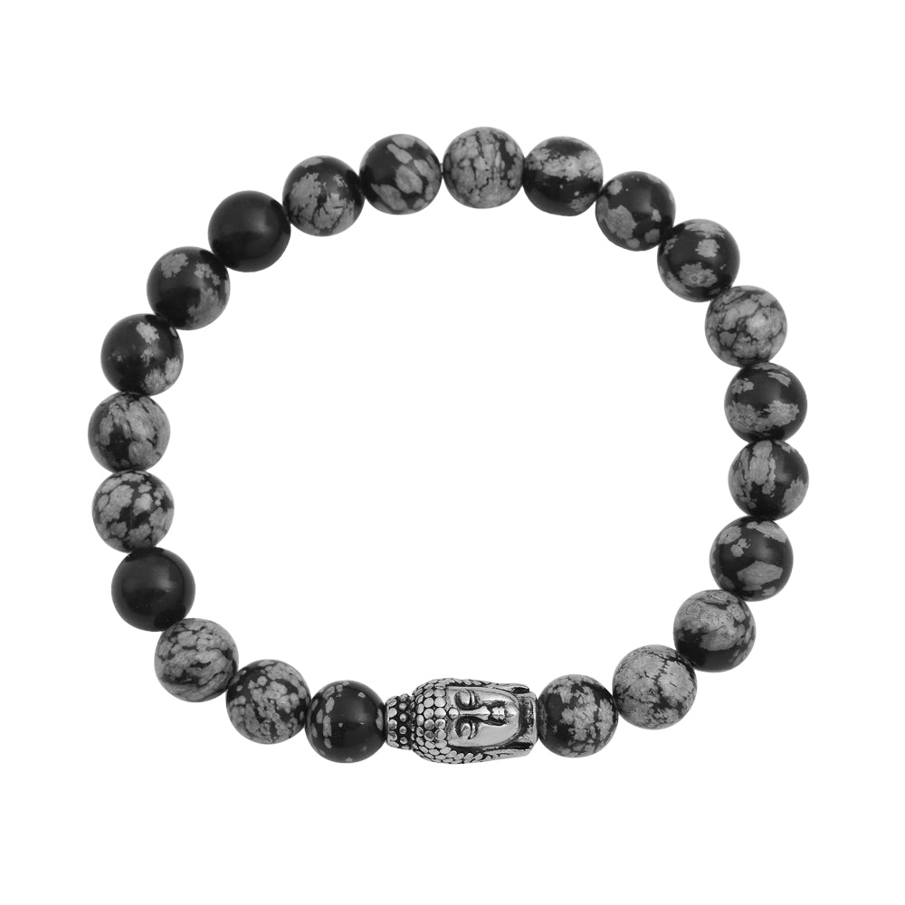 Snowflake Jasper & Carved Buddha Silver Bracelet