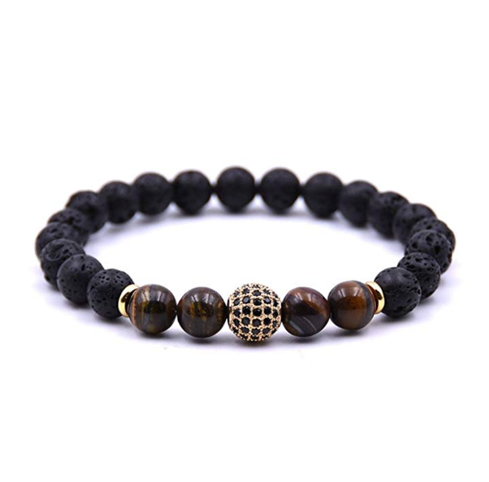 18k Gold Black Lava & Tiger Eye Black Cz Bracelet