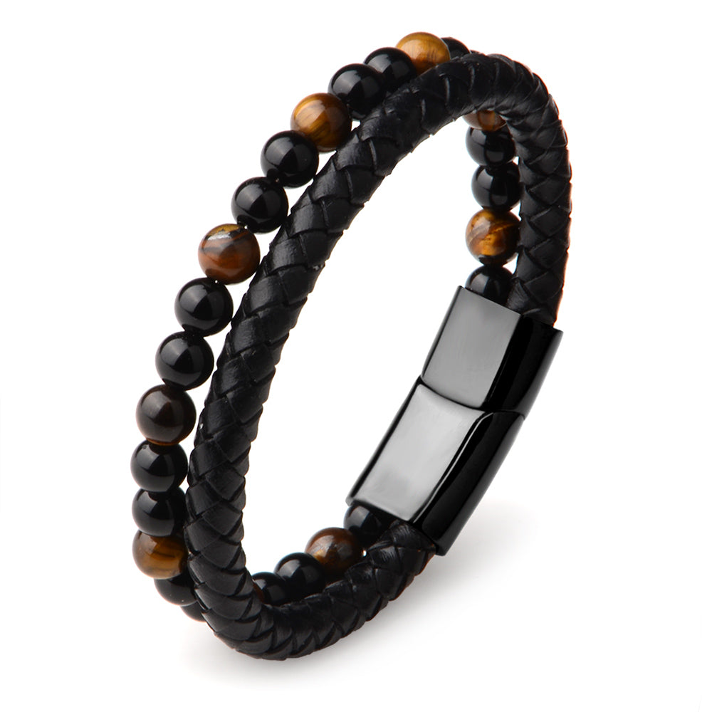 Black Plated black Leather & Tiger Eye Bracelet