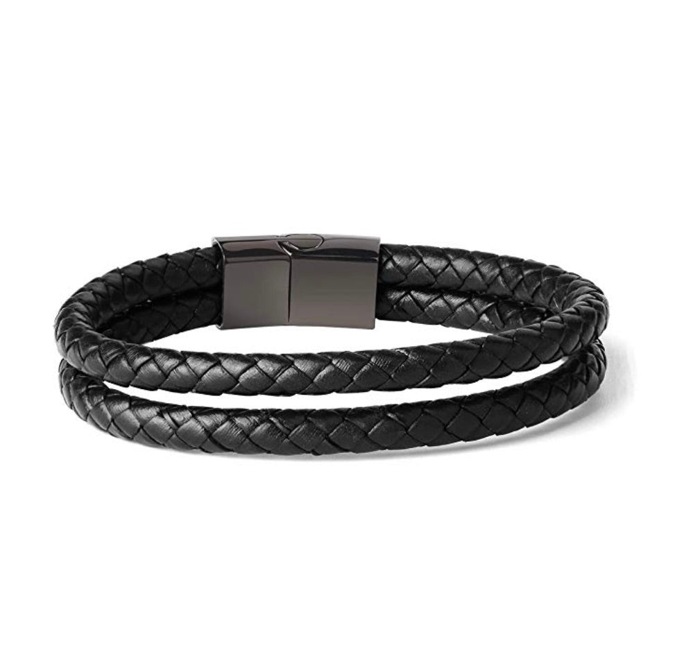 Black Plated Double Row Leather Bracelet