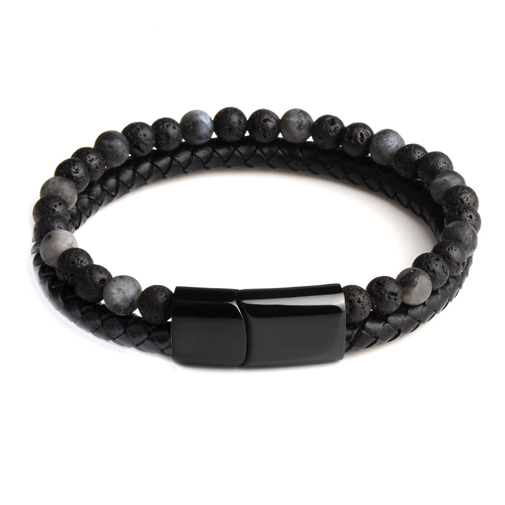 Black Plated black Leather & Labradorite Bracelet