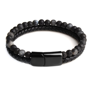 Black Plated black Leather & Labradorite Bracelet