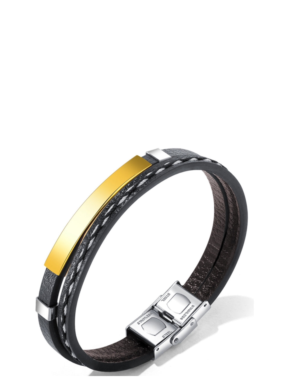 18K Gold Two Tone Black Leather Id Bracelet