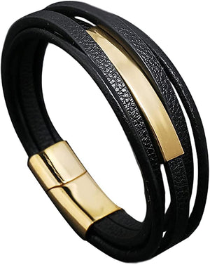 18K Gold Black Leather Id Bracelet