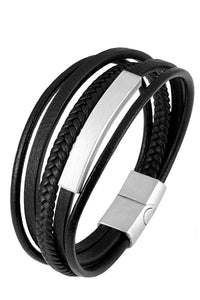 Silver Black Leather Id Bracelet