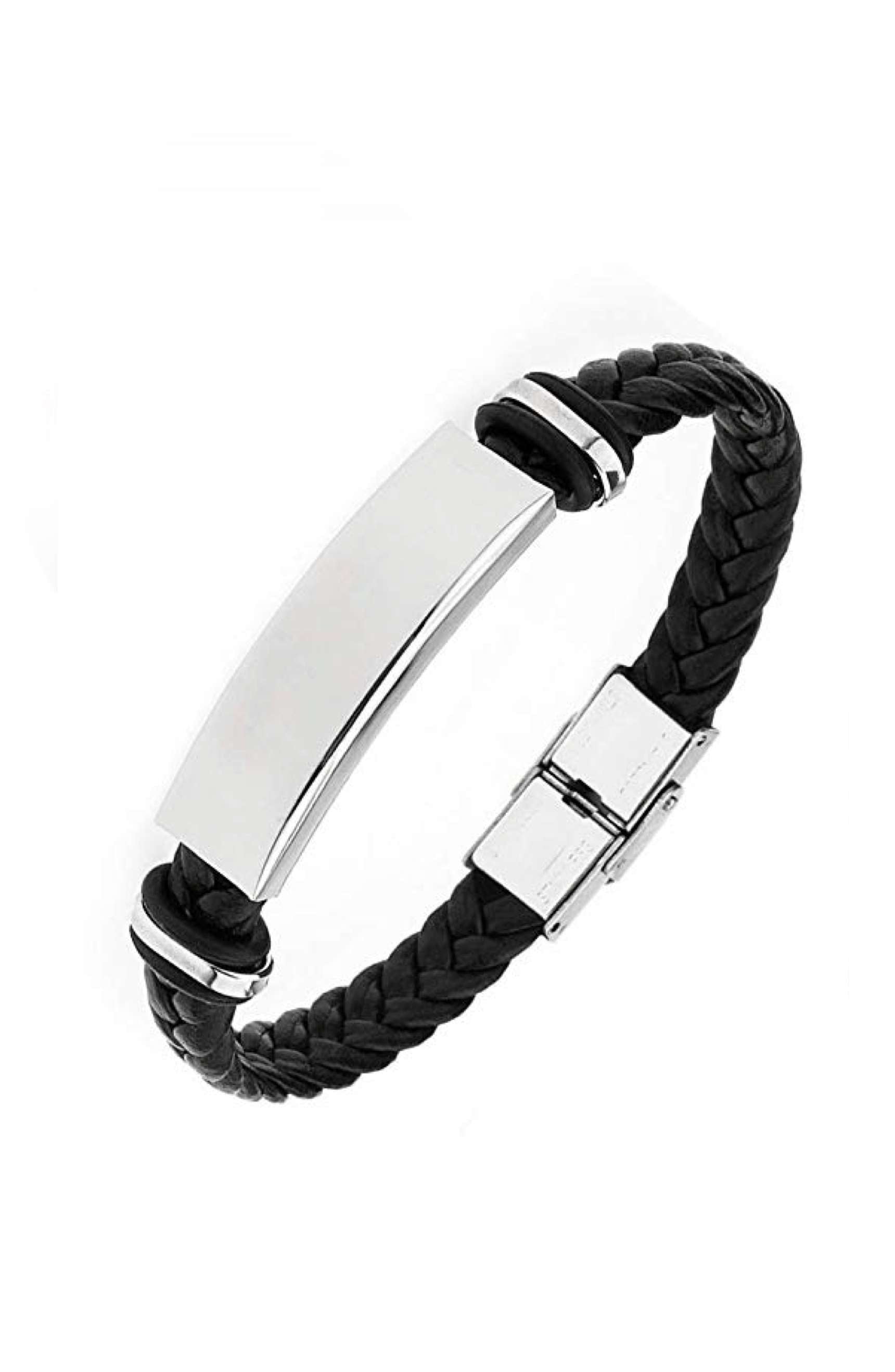 Silver Black Leather ID Bracelet