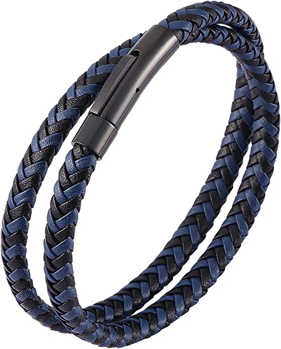 Black Plated Navy Blue & Black Leather Wrap Bracelet