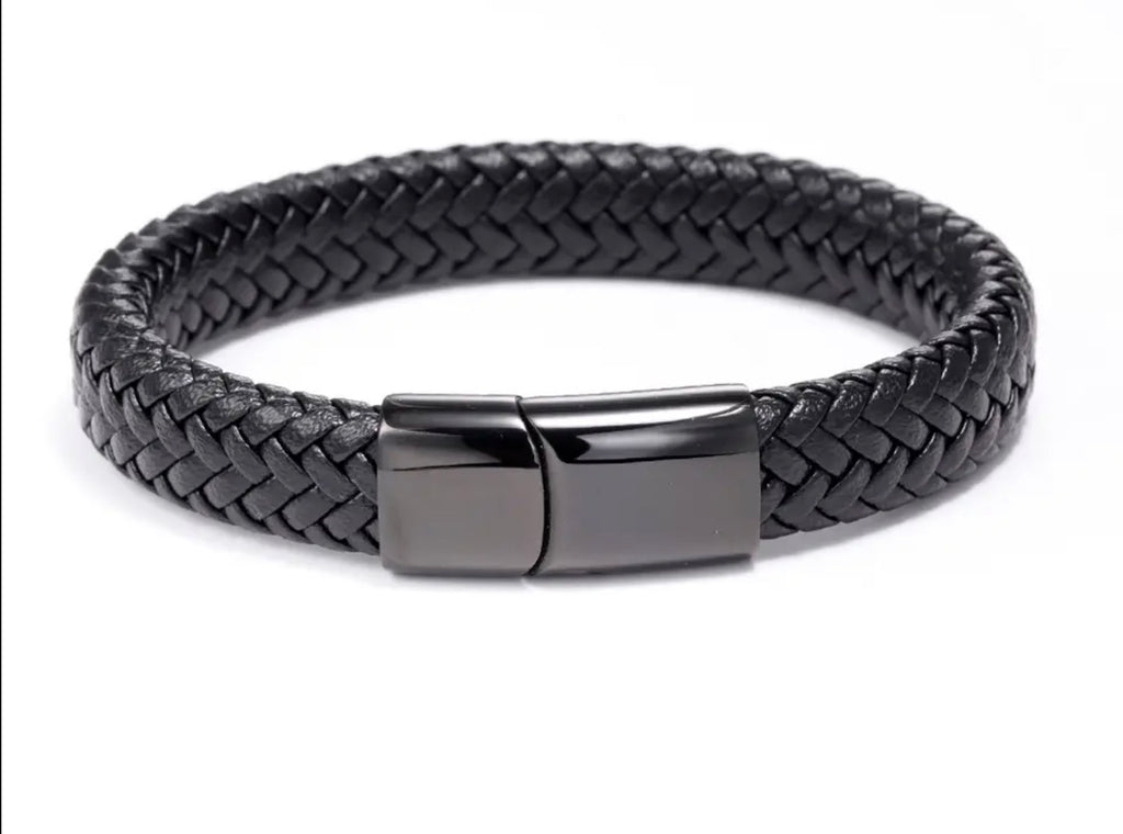 Black plated Black Leather Bracelet