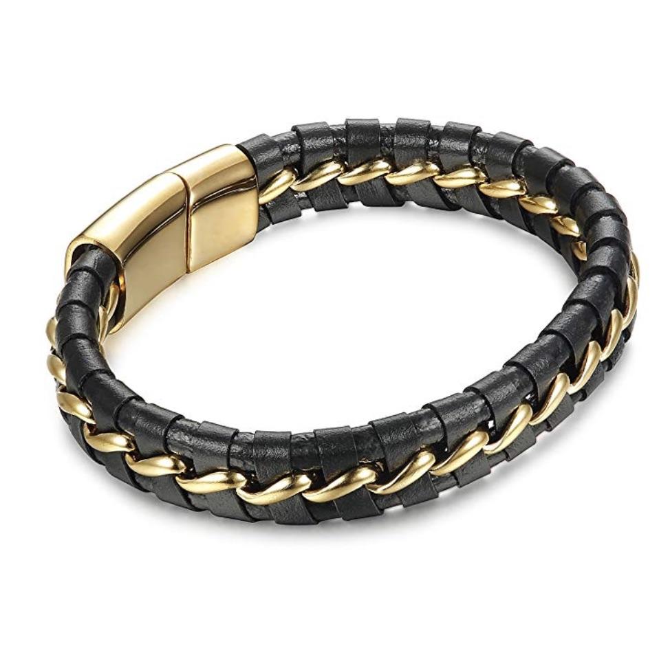 18K Gold Black Leather Woven Bracelet
