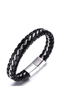 Silver Black Leather Woven Bracelet