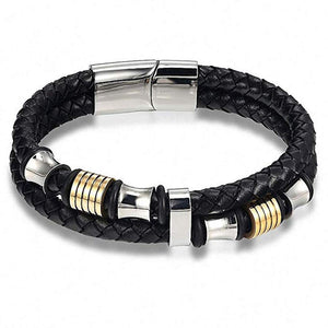 18K Gold & Silver Two Tone Black Leather Bracelet