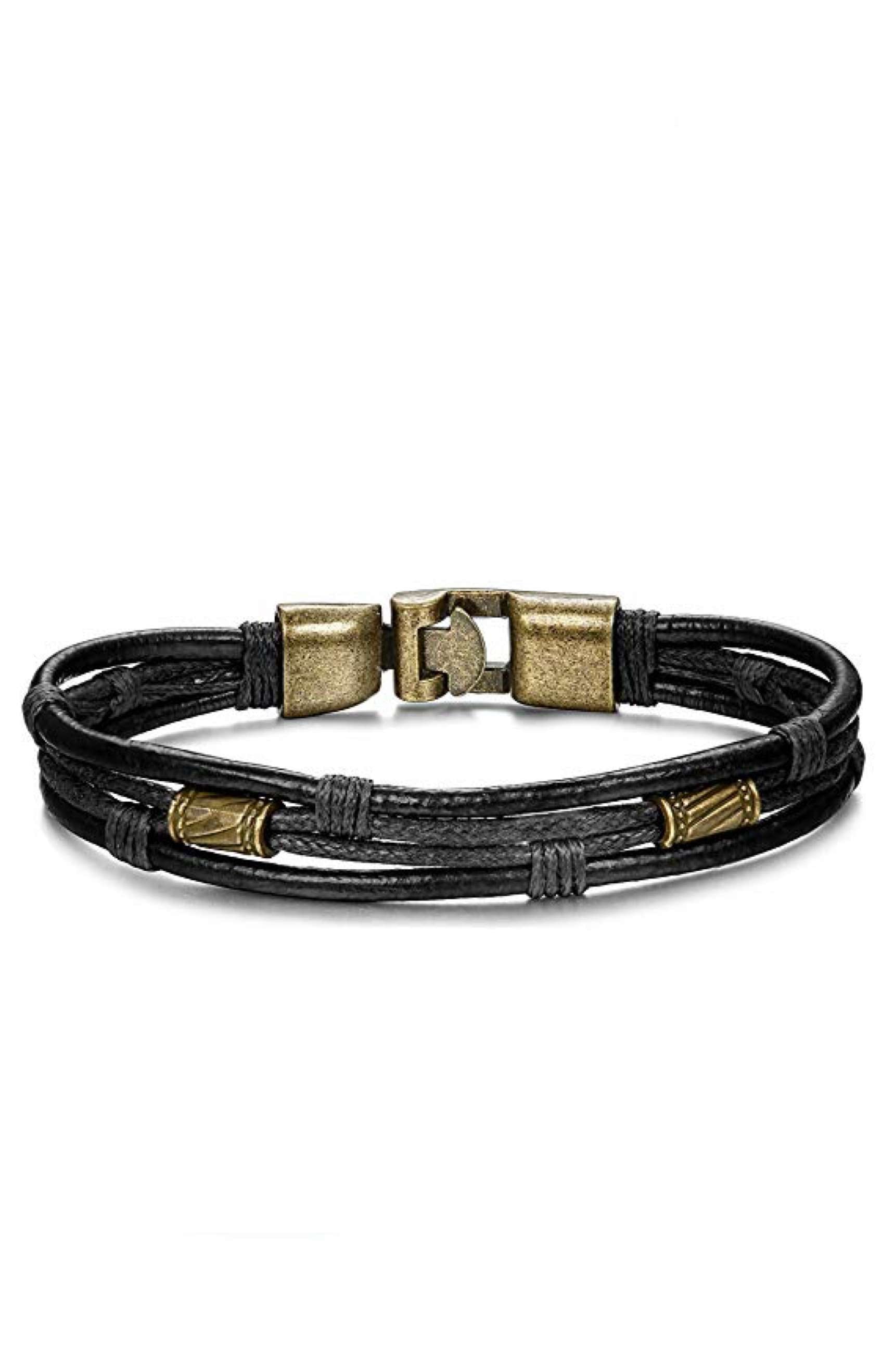 Gold & Black Leather Bracelet