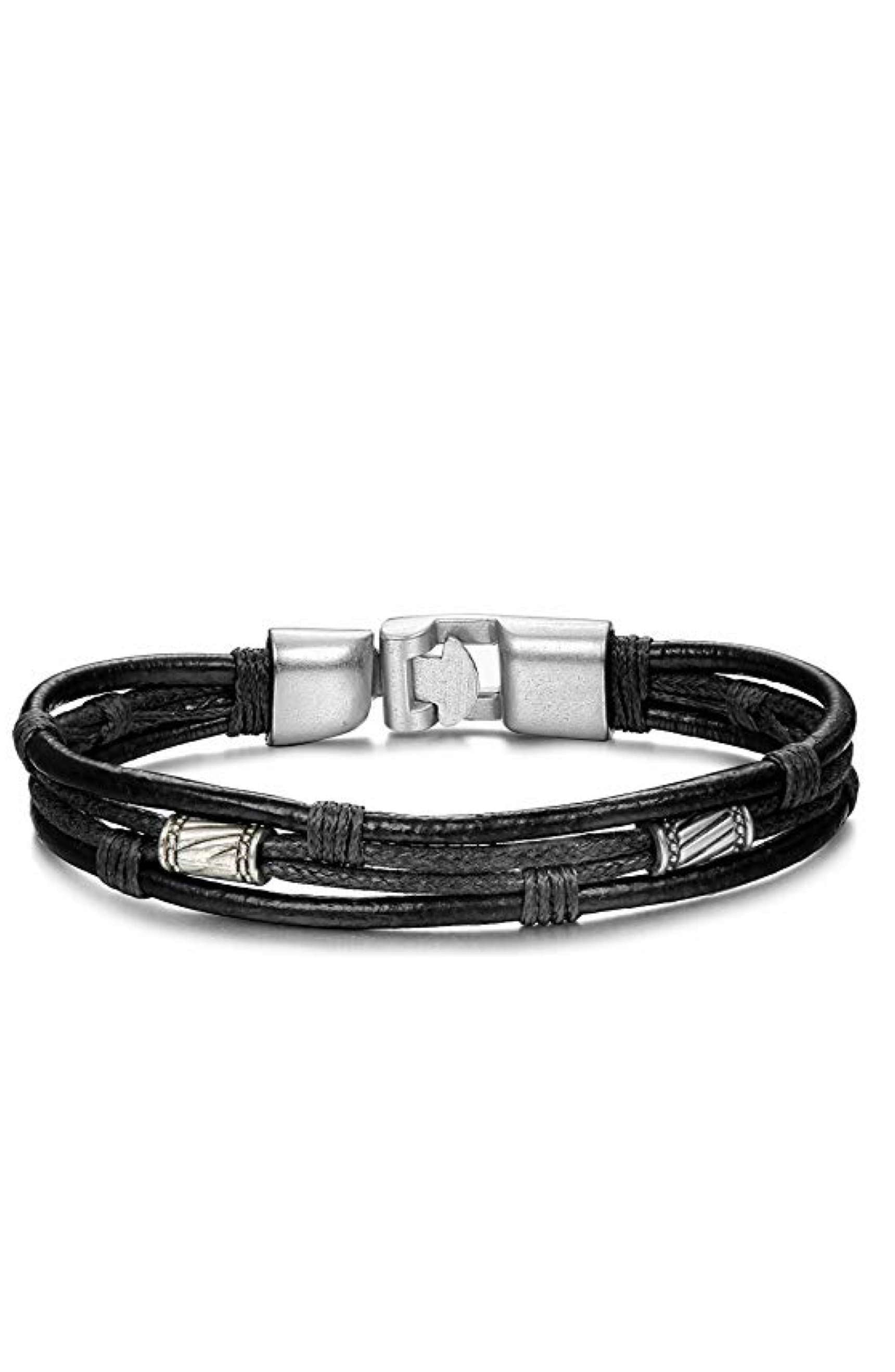 Silver & Black Leather Bracelet