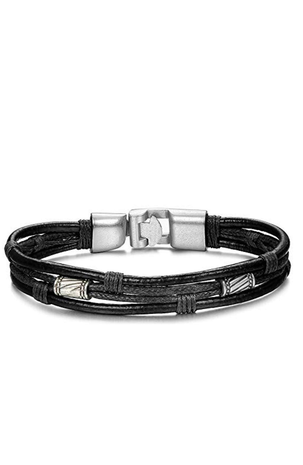 Silver & Black Leather Bracelet