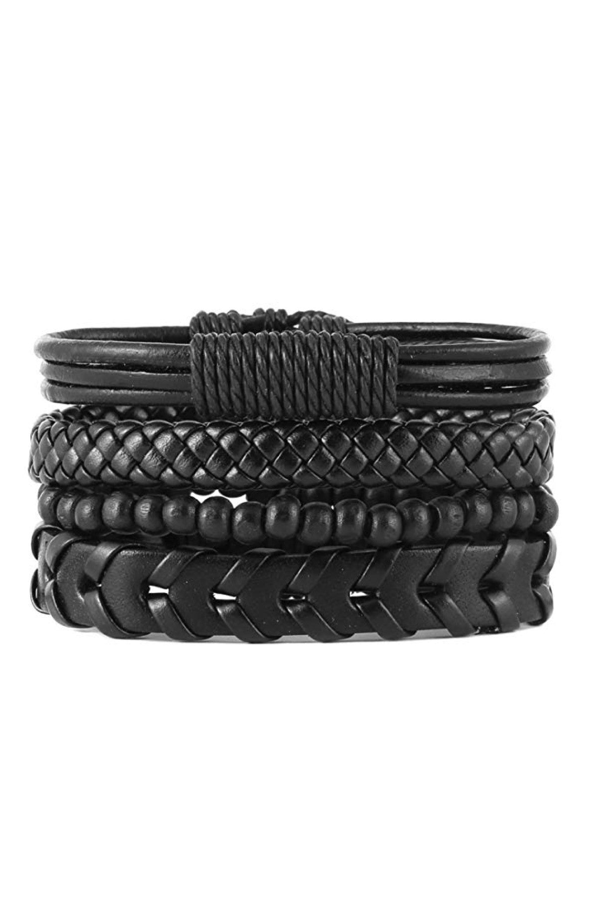 Set of 4 Black Leather Woven Bracelets