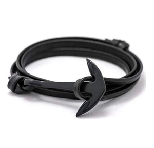 Black Plated Anchor Wrap Leather Bracelet