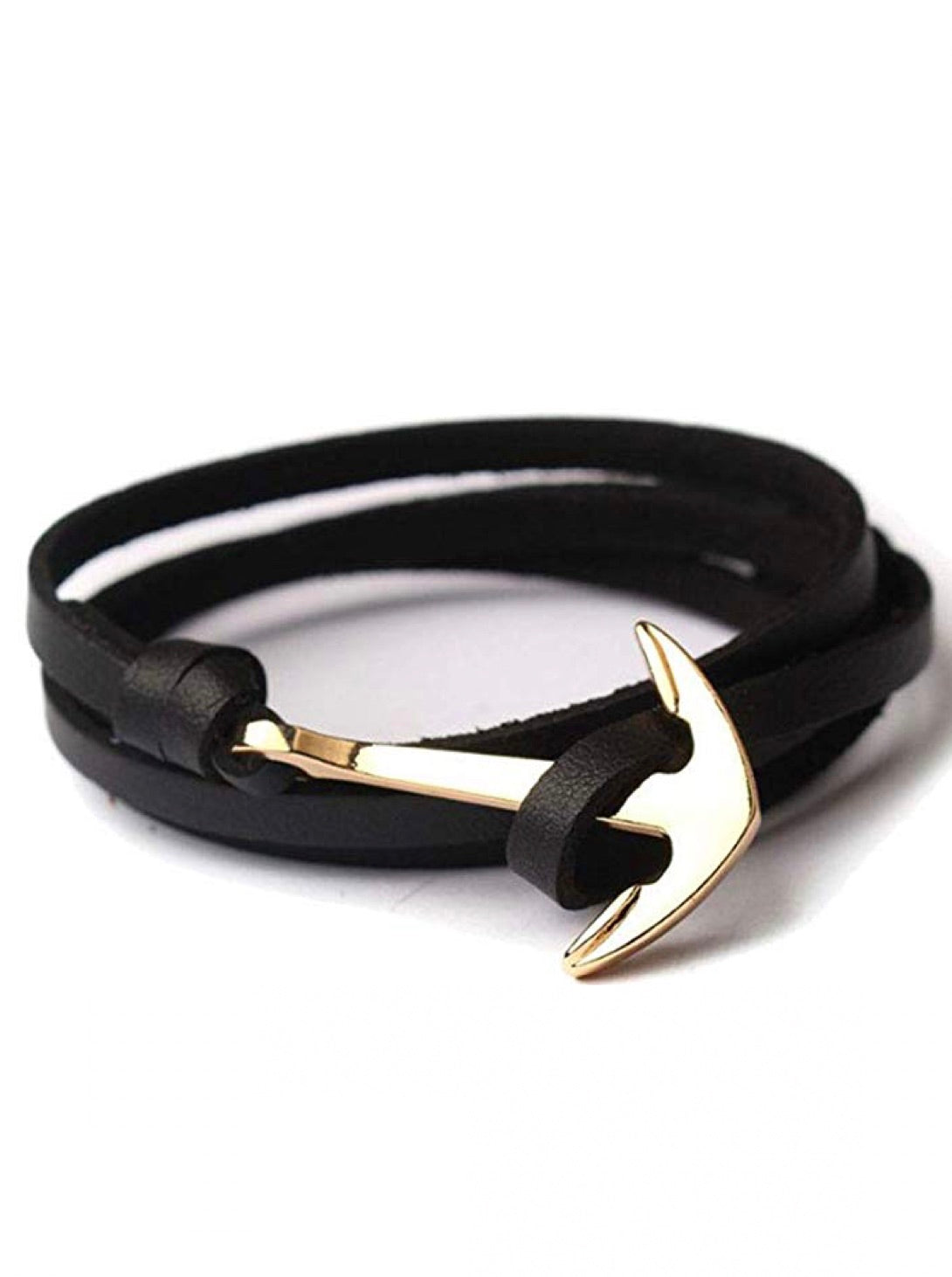 18k Gold Black Leather Anchor Wrap Bracelet