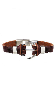 Silver Anchor Brown Leather Bracelet