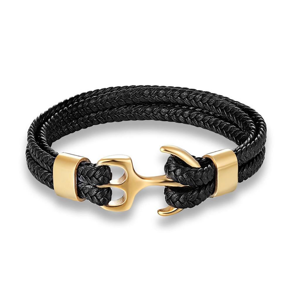 18K Gold Multi Row Black Leather Anchor Bracelet