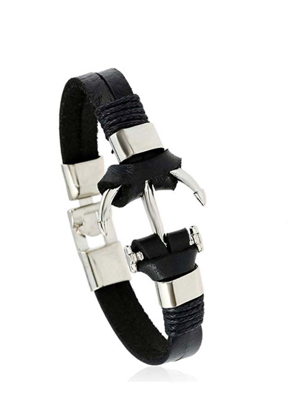Silver Anchor Black Leather Bracelet