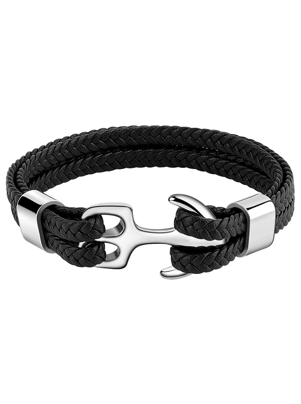 Silver Anchor Multi Starnd Black Leather Bracelet