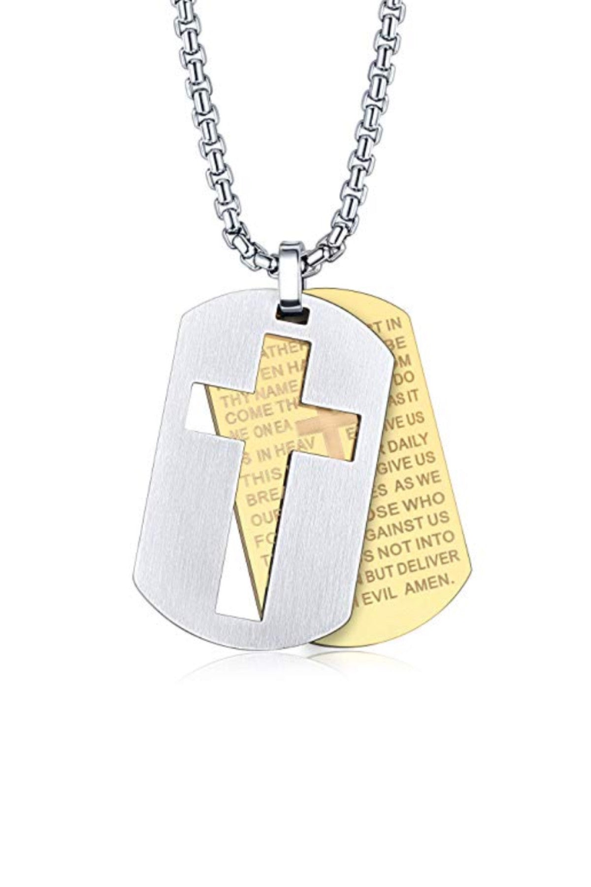 18k Gold & Silver Two Tone Cross Tag Necklace