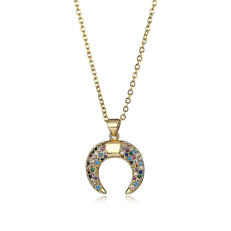 18K Gold Multi Color Crescent Moon Necklace