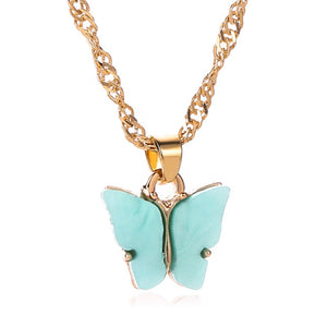 18k Gold Sea Green Carved Butterfly Drop Necklace
