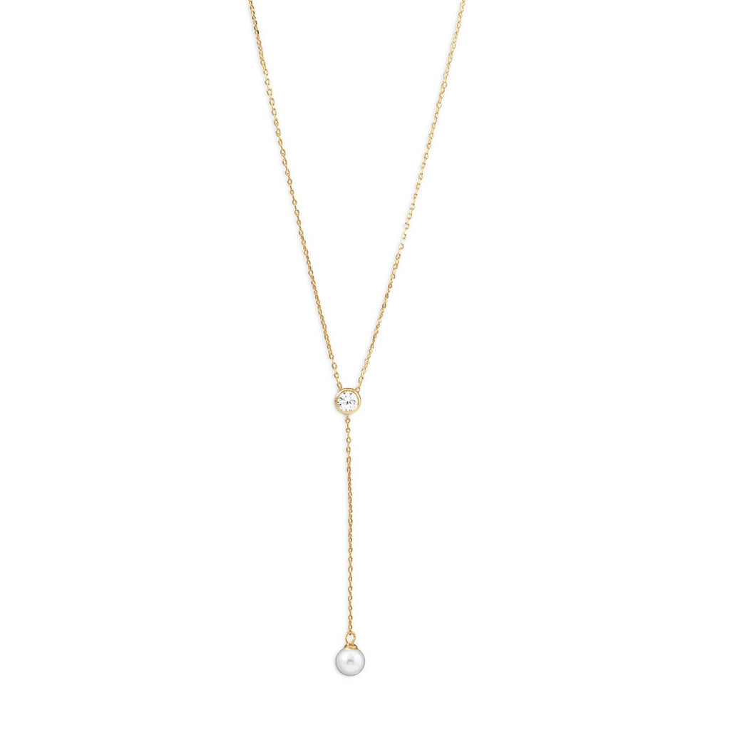 18K Gold Cz & Pearl Drop Necklace