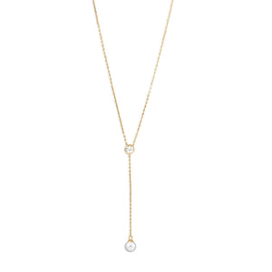 18K Gold Cz & Pearl Drop Necklace