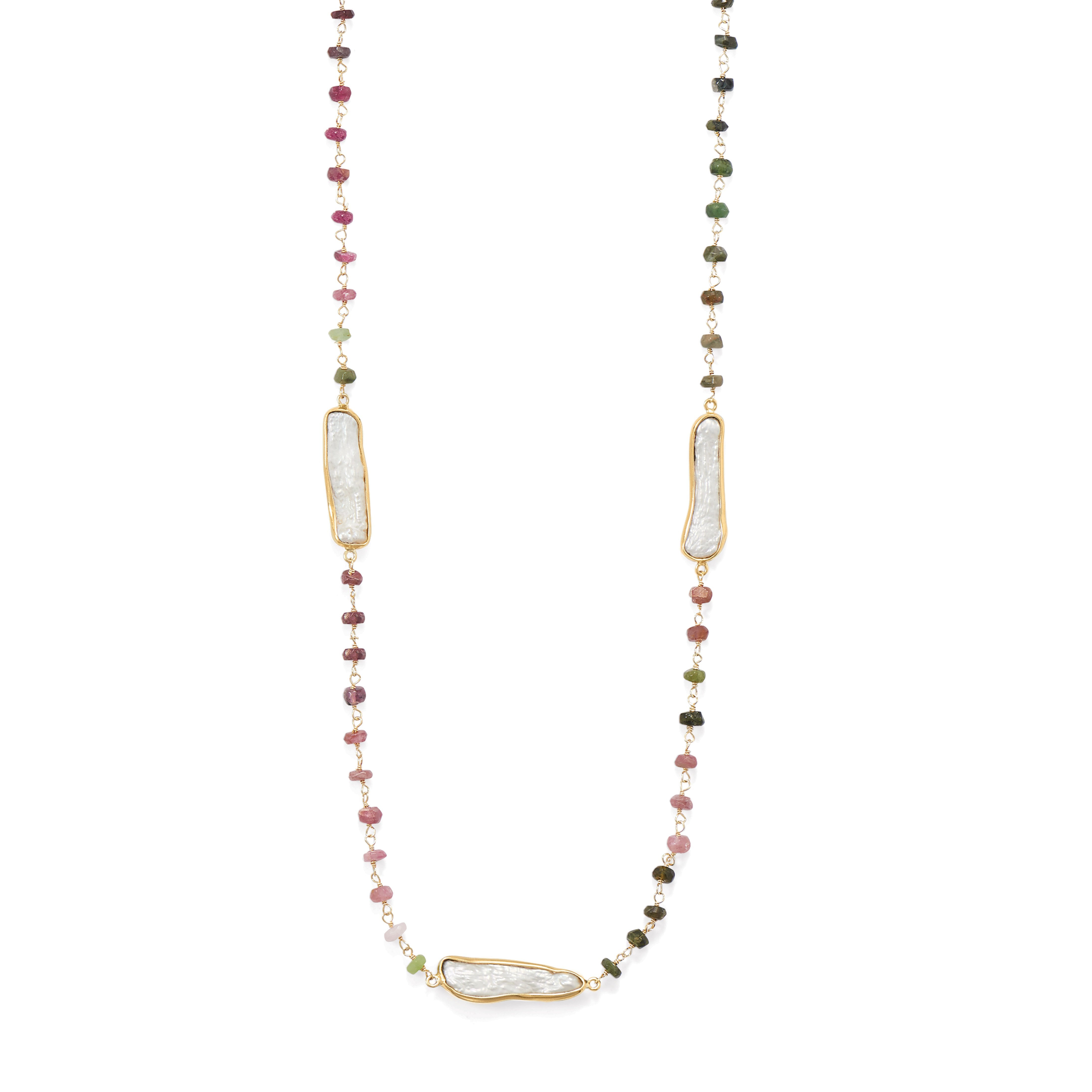 18K Gold Multi Tourmaline & Pearl Necklace